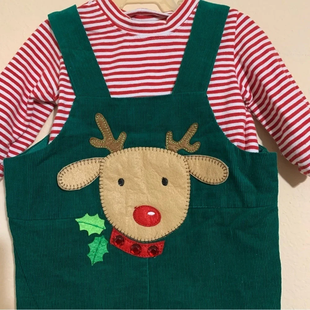 RARE EDITIONS, 12 Months, Corduroy Christmas Reindeer Overalls 2 Pc.Set